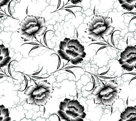 Seamless black and white floral pattern with grungy background