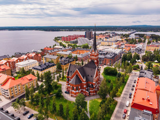 Lulea, Sweden - July 05, 2019: Panorama city, Cathedral sunny day, blue sky