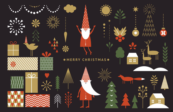 Set of graphic elements for Christmas cards. Gnome, deer, Christmas Trees, snowflakes, stylized gift boxes. Black background.	