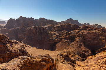 View from the observation deck near Ad Deir monastery. Petra, Jordan. Petra is the main attraction of Jordan. Petra is included in the UNESCO heritage list.