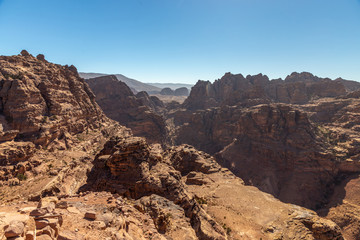 View from the observation deck near Ad Deir monastery. Petra, Jordan. Petra is the main attraction of Jordan. Petra is included in the UNESCO heritage list.
