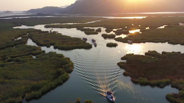 Beautiful sunset on Dalyan Iztuzu beach river.