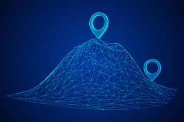 Geo map pin on mountain peak top. Place symbol GPS pictogram. Wireframe low poly mesh vector illustration