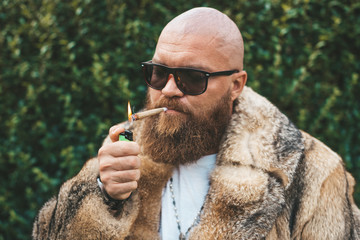 Portrait of posh chic virile bearded brutal man smoking marijuana joint, wearing brown fur gypsy style - hip hop pimp stylish guy lighting up weed (cannabis) blunt at the green background outdoors - obrazy, fototapety, plakaty