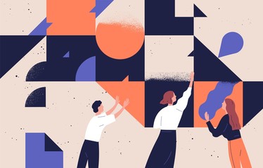 Teamwork concept flat vector illustration. Coworkers cartoon characters and abstract geometrical shapes. Coworking and problem solving concept. Businessmen and businesswomen communication.