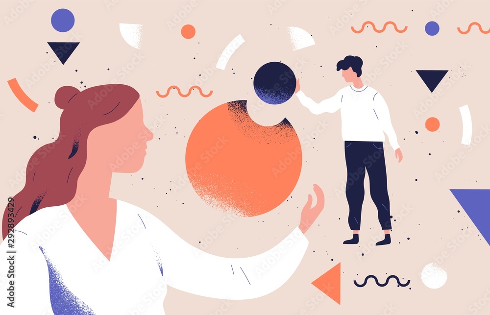 Aufkleber Analysts team coworking flat vector abstract illustration. Business analytics, data analysis concept. Employees teamwork and collaboration. Businessman character analyzing pie chart infographics.