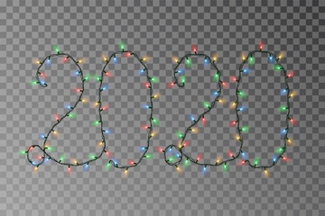 New year lights vector, 2020 color light string isolated on dark background. Transparent decorative garland. Holiday light decor effect element. Vector illustration