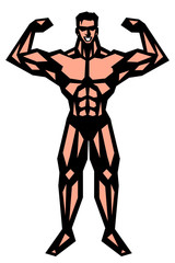 男,筋肉,ボディビル,マッチョ,ポーズ,全身,パンツ,ビキニ,白背景,版画,切り絵,喜怒哀楽,表情