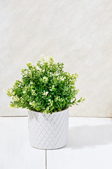 Decorative, artificial green plant, inside white vase, on top of white wooden table.
