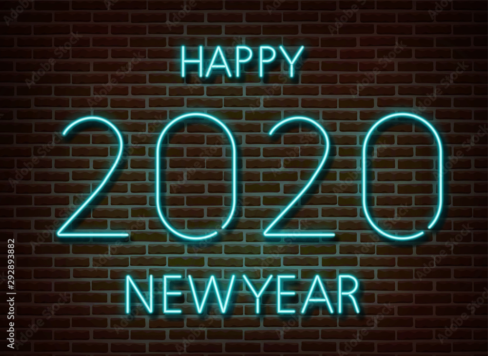 Wall mural Neon 2020 new year signs vector isolated on brick wall. New year party light symbol, text decoration effect. Neon 2020 illustration.