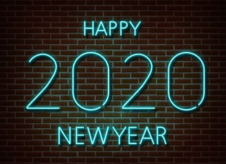 Neon 2020 new year signs vector isolated on brick wall. New year party light symbol, text decoration effect. Neon 2020 illustration.
