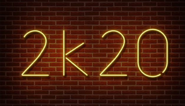 Neon 2k20 new year signs vector isolated on brick wall. New year light symbol, text decoration effect. Neon 2020 illustration.