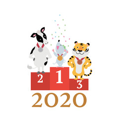 年賀状　2020　デザイン　オリンピック　表彰式　ねずみ年　イラスト