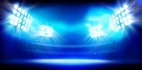 Stadium illuminated by floodlights. Stage on blue background. Abstract vector illustration.