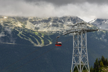 View of a cable car in Whistler, British Columbia, in the summer.  You can see the ski runs on the...