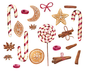 Watercolor christmas cookies and sweets set isolated on white background. Hand drawn elements for your design