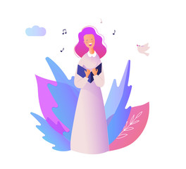 Singer woman or girl character. Vector flat cartoon illustration
