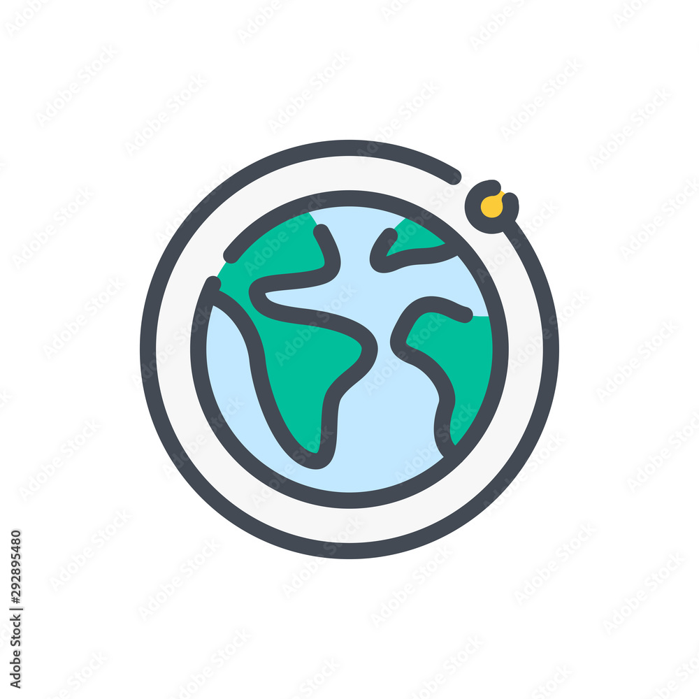 Poster earth with satellite color line icon. planet with orbit vector outline colorful sign.