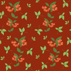 Seamless illustration on red background, rowan branches, berries and leaves, cover pattern, paper or holiday invitation decoration