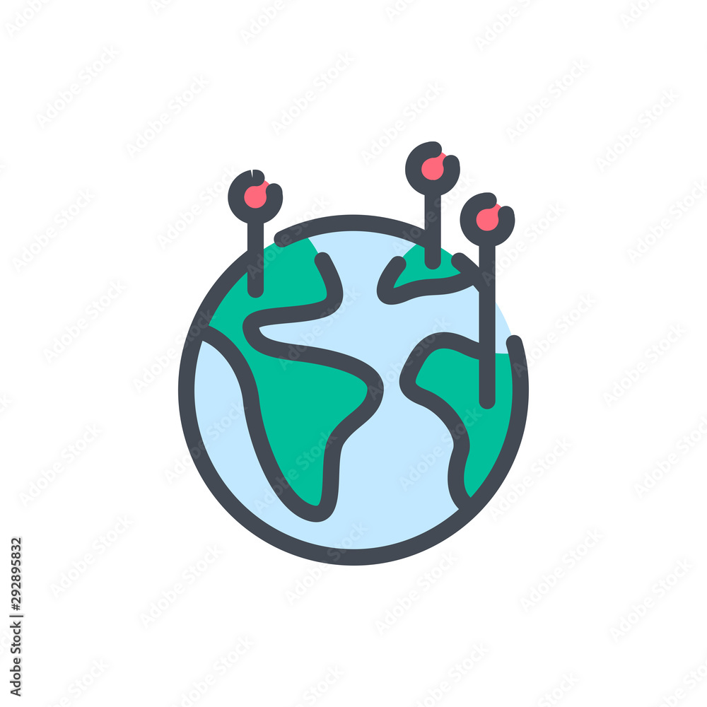 Poster earth with location pins color line icon. pointers on planet vector outline colorful sign.