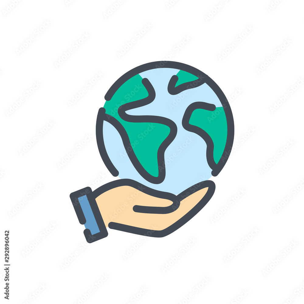 Poster save earth color line icon. globe in hand vector outline colorful sign.