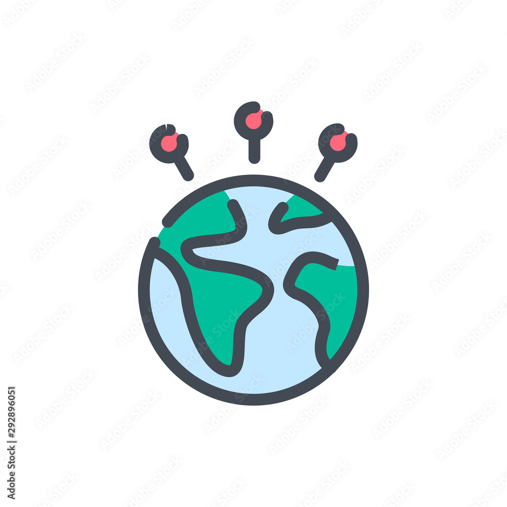 Poster pointers on planet color line icon. earth with location pins vector outline colorful sign.