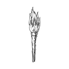 Fototapeta premium Torch Handmade Old Wooden Burning Stick Ink Vector. Torch With Combustible Material, Lighting Night Equipment. Burn With Tongue Engraving Layout Designed In Vintage Style Black And White Illustration