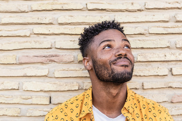 Portrait of a handsome young american man smiling on a brick wall