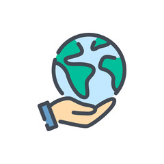 Save earth color line icon. Globe in hand vector outline colorful sign.