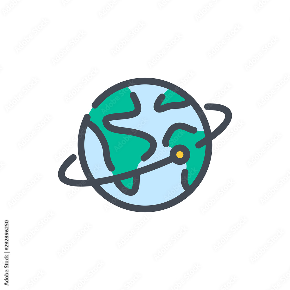 Poster earth with satellite color line icon. planet with orbit vector outline colorful sign.