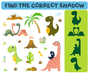 Find the correct shadow. Adorable dinosaurs isolated on white background