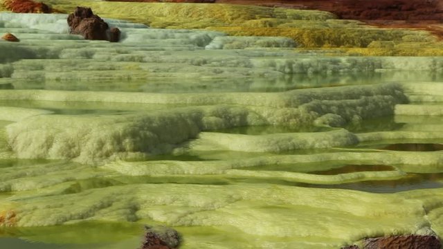 Dallol Sulphur springs and pools Danakil Depression Ethiopia.   The Sulphur springs create the unearthly colourful and beautiful landscape