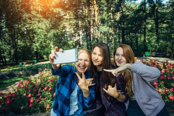 Portrait of cute girlfriends taking selfie with smartphone in summer park. Friendship, technology and people concept - happy young women having fun and taking photos for instagram.