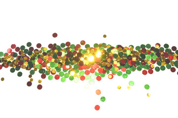 Gold, green and red glitter on white background, shiny confetti