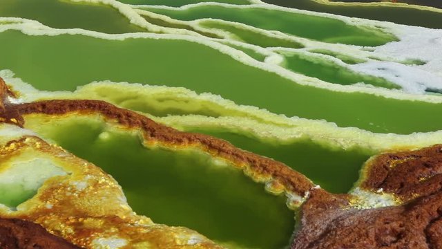 Dallol Sulphur springs and pools Danakil Depression Ethiopia.   The Sulphur springs create the unearthly colourful and beautiful landscape