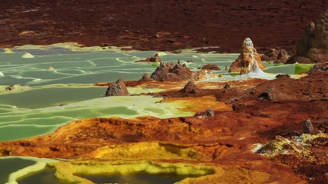 Dallol Sulphur springs and pools Danakil Depression Ethiopia.   The Sulphur springs create the unearthly colourful and beautiful landscape