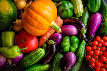 Harvest autumn vegetables, top view, close-up. Pumpkin over onions, carrots, eggplant, tomatoes, paprika, garlic, cucumbers. Organic food background. Thanksgiving day concept.