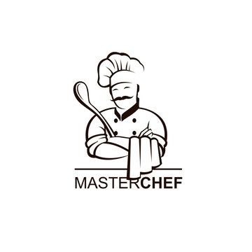 black chef icon isolated with ladle on white background