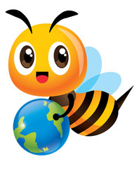 Save the bee and earth. Cartoon cute bee carrying a little earth to educate human to protect the green environment. - vector character