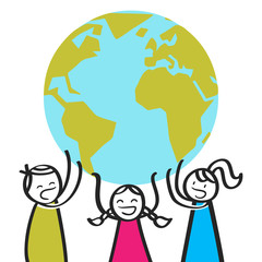 Children holding globe, climate change, colorful stick figures