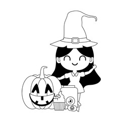 girl disguised as a witch and pumpkin with treats