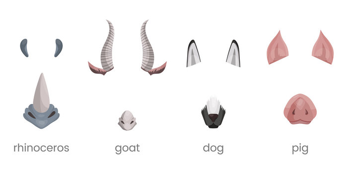 Animal face elements set. Animal ears and nose. Video chart filter effect for selfie photo. Cartoon mask of rhino, goat, dog, pig.