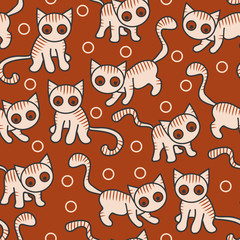 Vector seamless cat pattern in orange and beige. Simple abstract doodle tabby cat made into repeat. Great for background, wallpaper, wrapping paper, packaging, fashion.
