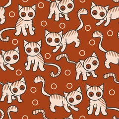 Gordijnen Vector seamless cat pattern in orange and beige. Simple abstract doodle tabby cat made into repeat. Great for background, wallpaper, wrapping paper, packaging, fashion. © Marta Janicka