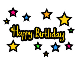 Text and various stars on a white background. Birthday. Vector illustration. 