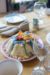 Easter dessert paskha, or pascha, made with curd cheese, egg yolks and sugar, decorated with candied fruit and chocolate eggs is traditionally served in Russia, Ukraine, Poland and Finland