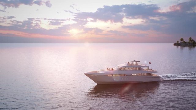 The yacht takes a walk near the islands. Beautiful sunny sunset. 3d render. 4k video