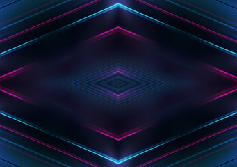 Dark abstract futuristic background. Neon lines glow. Neon lines, shapes. Pink-blue glow. Empty Stage Background