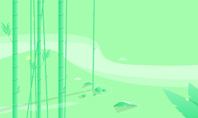 Yellow firefly among fresh bamboo branches and leaves. Asian pond with stones in zen style. Vector white background.
