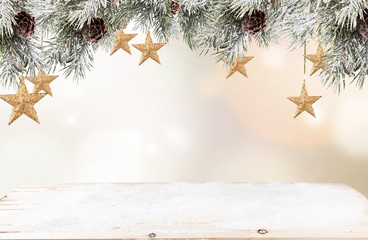 Christmas red ball with celebration decoration and blur background. Free space for text